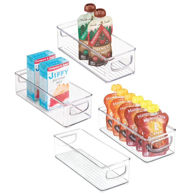 mDesign Plastic Kitchen Organizer Storage Holder Bin with Handles for Pantry Cupboard Cabinet FridgeFreezer Shelves Counter Holds Canned Food Snacks Ligne Collection 4 Pack Clear