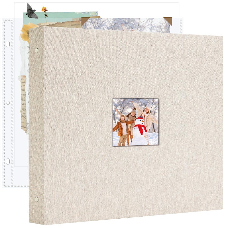 Hiwhy 12x12 Inch Large 3 Ring DIY Scrapbook Photo Album, Linen Cover Scrapbook with 20 Sheets Plastic Sleeves 40 Pages Memory Book for Wedding Birthday Baby Family (Beige) - Image 1