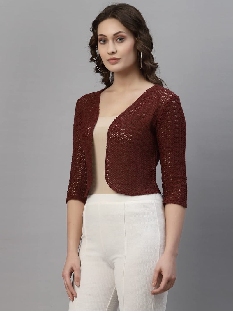 Style Quotient Women Maroon Cotton self Design lace Crop Open Front Shrug - Image 3