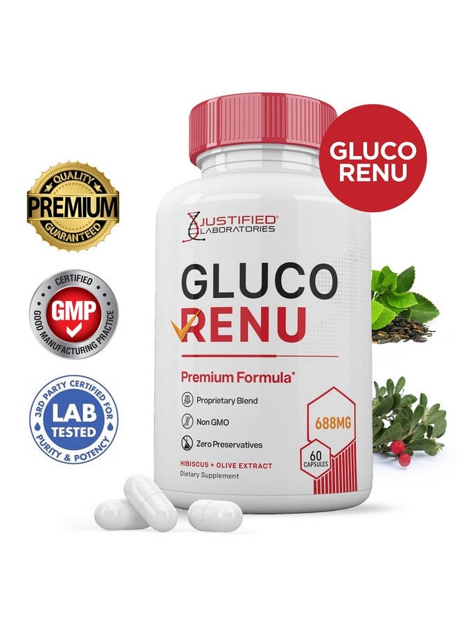 Justified Laboratories Gluco Renu 688MG Glyco Support Pills Premium Formula Gluo Renew Glycogen Support Formulated Hawthrone Hibiscus Garlic Junpier Powder Olive Forskolin Green Tea Extract 60 Capsules - Image 2