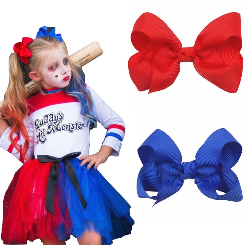 AUOCATTAIL 2pcs Red Blue Ribbon Bow Hair Clip Clown Hair Accessories 3 Inches for Girls Kids Independence Day decoration