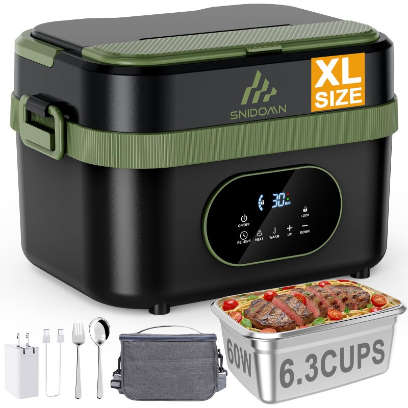 Snidomn Cordless Electric Lunch Box XL 6.3-Cup, 60W Fast Heating Portable Food Warmer with Scheduled Heating, Removable Divider, Large Capacity Heated Lunch Box for Work & Outdoor - Image 1