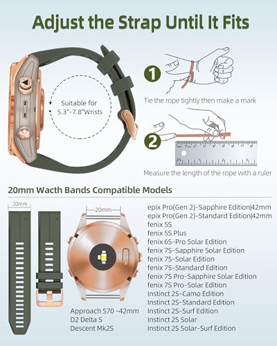 OUTVI 20mm Watch Band for Garmin fenix 6s 5s 7s pro epix pro gen 2 42mm Descent Mk2s Mk3 Mk3i soft silicone quick fit 20 bands with Rose Gold buckle for women Army green - Image 3