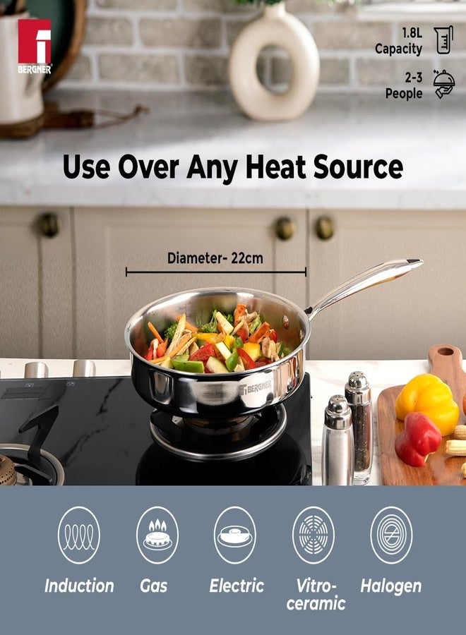 BERGNER برغنر أرجنت ثلاثي الطبقات من الفولاذ المقاوم للصدأ 26 سم (3.1 لتر) مقلاة مع غطاء من الفولاذ المقاوم للصدأ، مقبض من الحديد الزهر يبقى بارداً، طهي صحي، استخدام أقل للزيت، آمن للطعام، متين - جاهز للموقد الكهربائي والغاز - Image 4