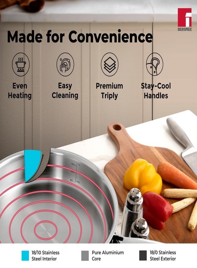 BERGNER برغنر أرجنت ثلاثي الطبقات من الفولاذ المقاوم للصدأ 26 سم (3.1 لتر) مقلاة مع غطاء من الفولاذ المقاوم للصدأ، مقبض من الحديد الزهر يبقى بارداً، طهي صحي، استخدام أقل للزيت، آمن للطعام، متين - جاهز للموقد الكهربائي والغاز - Image 2
