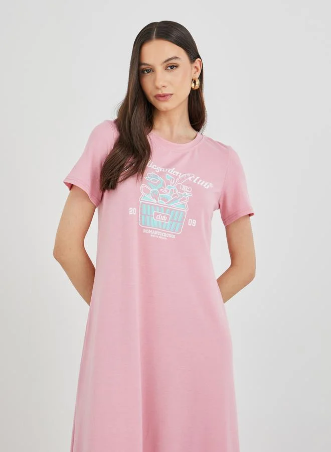 Take Two Take Two Graphic Print Round Neck A-Line Midi Dress