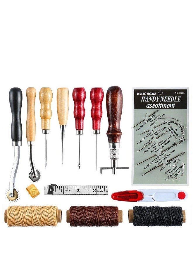 14 Sets DIY Leather Craft Tools with Awl, Stitching Groover, Wax Thread, Thimble u0026 Other Accessories, Professional Leather Sewing Tools, Set for Carpets, Coats u0026 Tents Hand Stitching - Image 1