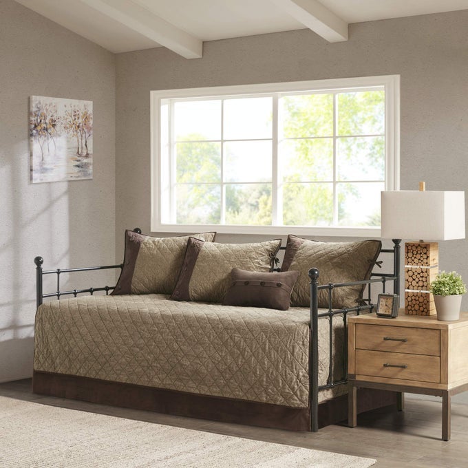 DAYBED COVER SET TRENDY DESIGN ALL SEASON LUXURY BEDDING WITH BEDSKIRT MATCHING SHAMS DECORATIVE PILLOW DIAMOND QUILTED FAUX SUEDE REVERSIBLE BROWN 75X39 6 PIECE