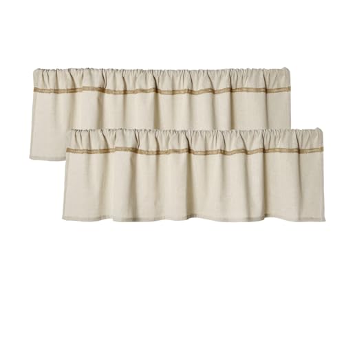 Oindec 2 Pack Cotton Linen Valance for Windows with Burlap Lace Trim Rustic Farmhouse 12 inch Kitchen Valance Rod Pocket Neutral Short Curtain Topper Window Treatment - Image 1