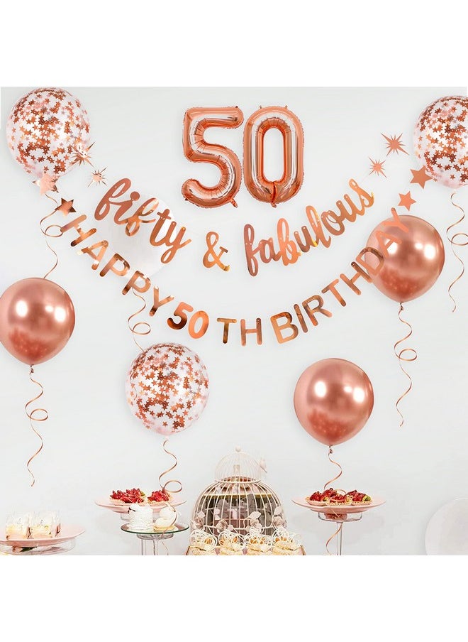 Rose Gold Fifty & Fabulous Happy 50th Birthday Banner Garland Foil Balloon 50 for Womens 50th Birthday Decorations Hanging 50 and Fabulous Cheers to 50 Years Old Birthday Party Supplies Backdrop