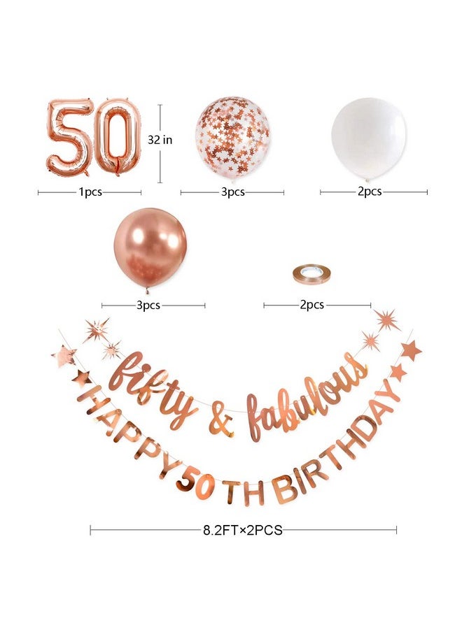 Rose Gold Fifty & Fabulous Happy 50th Birthday Banner Garland Foil Balloon 50 for Womens 50th Birthday Decorations Hanging 50 and Fabulous Cheers to 50 Years Old Birthday Party Supplies Backdrop