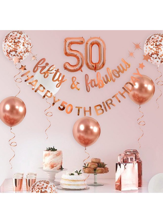 Rose Gold Fifty & Fabulous Happy 50th Birthday Banner Garland Foil Balloon 50 for Womens 50th Birthday Decorations Hanging 50 and Fabulous Cheers to 50 Years Old Birthday Party Supplies Backdrop