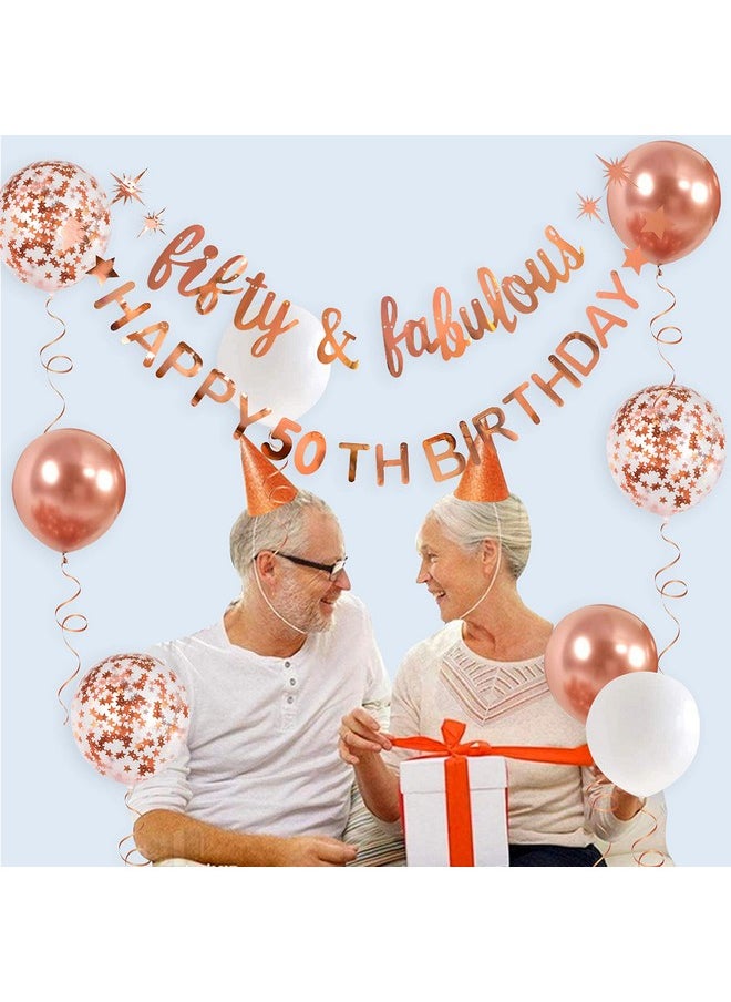 Rose Gold Fifty & Fabulous Happy 50th Birthday Banner Garland Foil Balloon 50 for Womens 50th Birthday Decorations Hanging 50 and Fabulous Cheers to 50 Years Old Birthday Party Supplies Backdrop