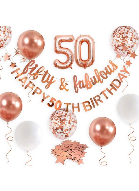 Rose Gold Fifty & Fabulous Happy 50th Birthday Banner Garland Foil Balloon 50 for Womens 50th Birthday Decorations Hanging 50 and Fabulous Cheers to 50 Years Old Birthday Party Supplies Backdrop