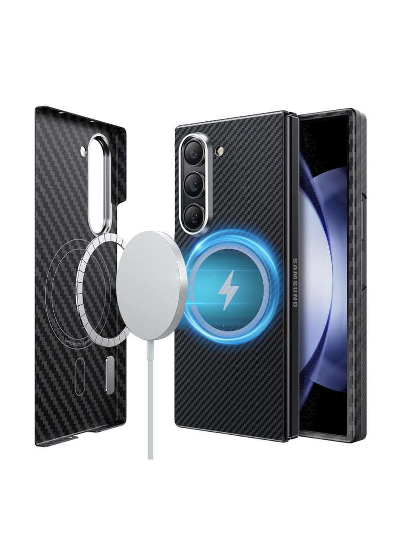 Magnetic Case for Samsung Galaxy Z Fold 6 5G, Real 600D Aramid Fiber Kevlar 600D Slim Thin Touch Feeling Ultra Light, Compatible with Mag-Safe Support Wireless Charging Cover for Fold 6 (Deep Black)