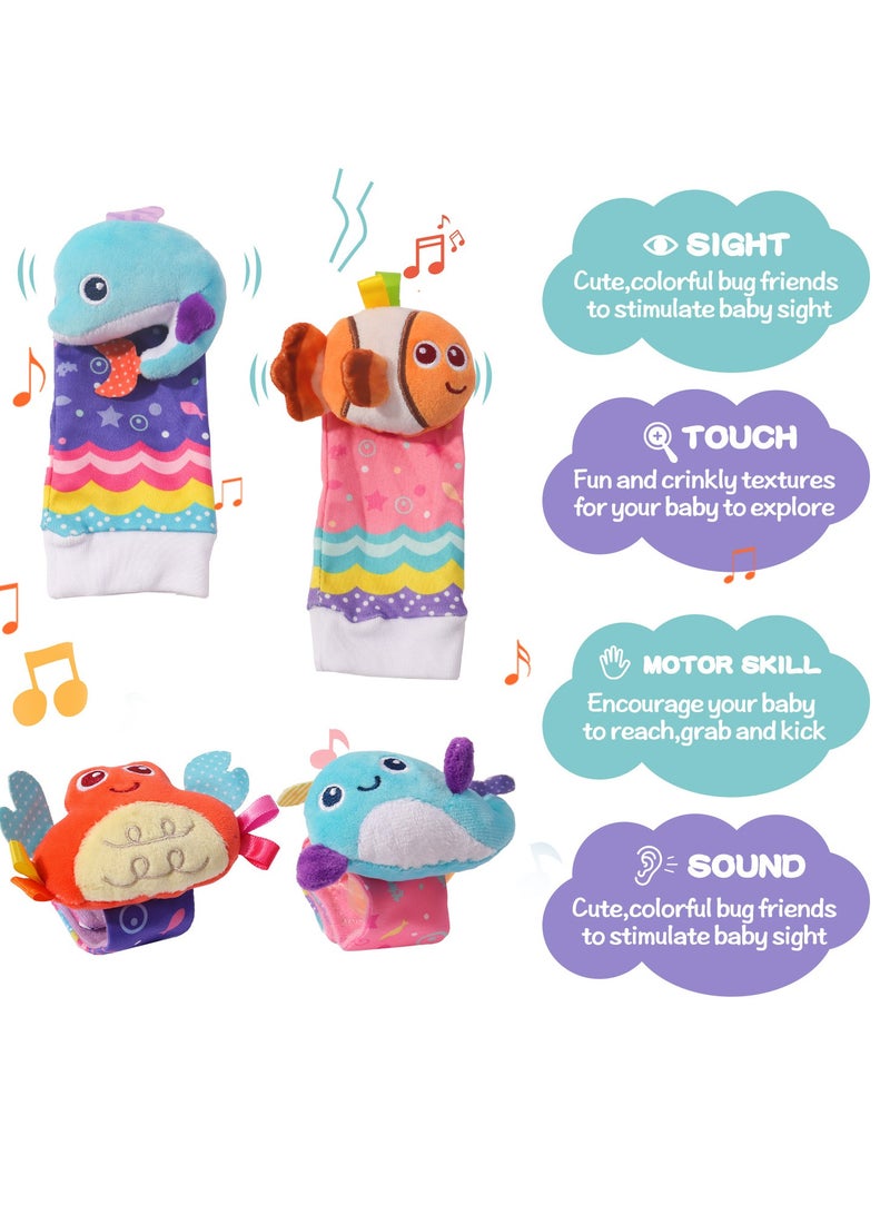 4Pcs Infant Socks And Wrist Rattles Toy Set For Kids, 2025 New Wrist Rattles Foot Finder Rattle Sock Baby Toddlor Toy, Rattle Toy, Arm Hand Bracelet Rattle, Sea Animal Feet Leg Ankle Socks, Present - Image 3
