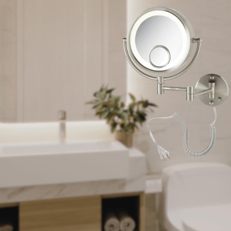 JERDON Plug in Lighted Wall Mount Makeup Mirror - 1X/7X/15x Magnification - Nickel Finish - Model HL8515N - Image 5