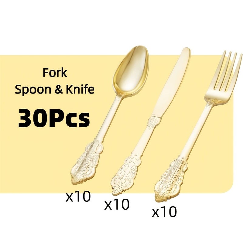 30pcs Golden Plastic Knife Fork Spoon Set Perfect For Birthday Wedding Spring Picnic Summer Party - Image 2