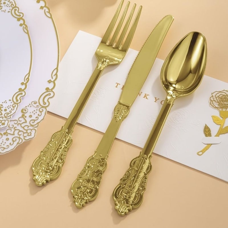 30pcs Golden Plastic Knife Fork Spoon Set Perfect For Birthday Wedding Spring Picnic Summer Party - Image 1