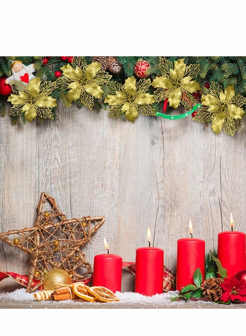 Excefore أزهار بونسيتيه صناعية ذهبية مع مشابك 12 قطعة 16 سم / 6.3 بوصة زينة شجرة متلألئة لتزيين الإكليل والزفاف واحتفالات رأس السنة - Image 1