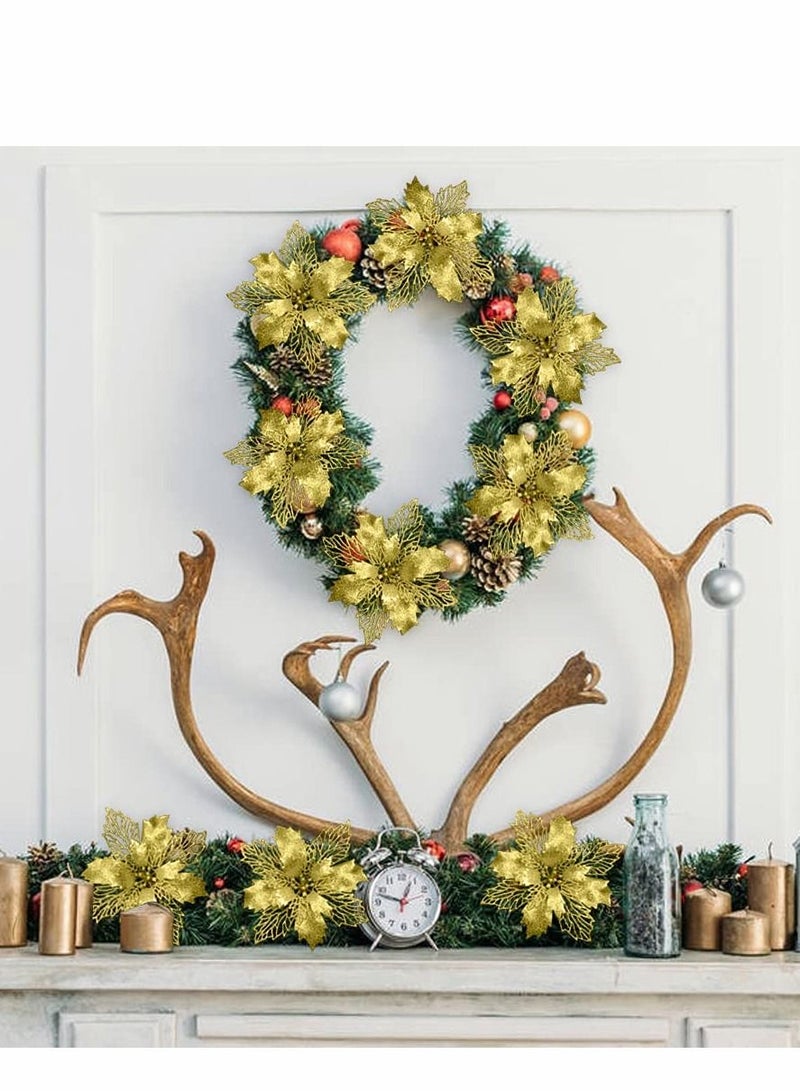 Excefore أزهار بونسيتيه صناعية ذهبية مع مشابك 12 قطعة 16 سم / 6.3 بوصة زينة شجرة متلألئة لتزيين الإكليل والزفاف واحتفالات رأس السنة - Image 3