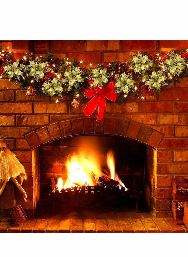 Excefore أزهار بونسيتيه صناعية ذهبية مع مشابك 12 قطعة 16 سم / 6.3 بوصة زينة شجرة متلألئة لتزيين الإكليل والزفاف واحتفالات رأس السنة - Image 2