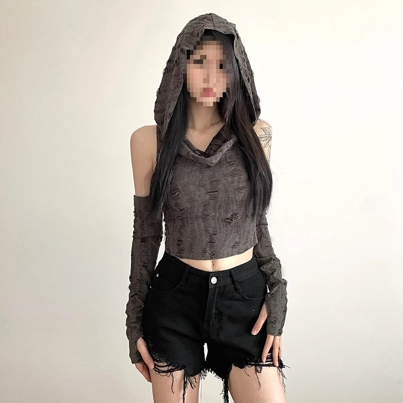 Waste Retro American Personality Hand-Worn Hooded Vest Sleeve Sleeve Long-Sleeved Skinny Spice Girls Tall Tall Tops T-Shirt - Image 5