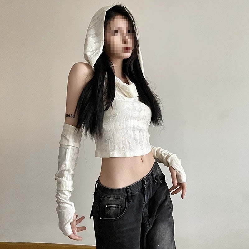 Waste Retro American Personality Hand-Worn Hooded Vest Sleeve Sleeve Long-Sleeved Skinny Spice Girls Tall Tall Tops T-Shirt - Image 4