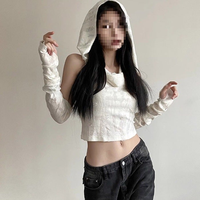 Waste Retro American Personality Hand-Worn Hooded Vest Sleeve Sleeve Long-Sleeved Skinny Spice Girls Tall Tall Tops T-Shirt - Image 1