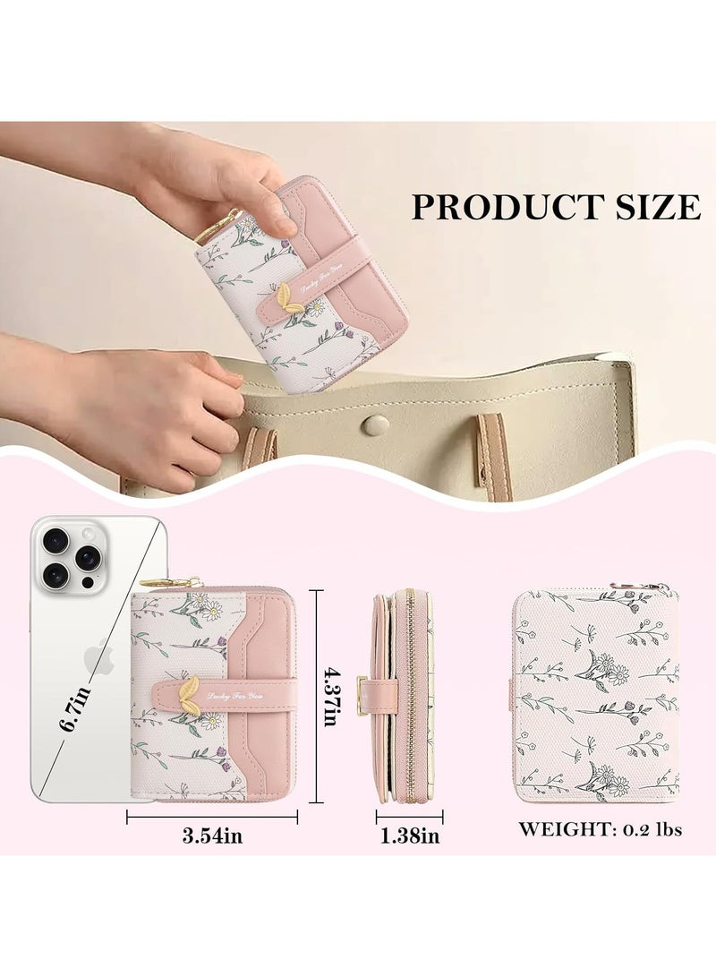 عام محفظة نسائية مدمجة - حقيبة نقود مطوية برقاق زهري رائعة مع سحاب، تحتوي على جيوب للبطاقات الائتمانية ونافذة للهوية. محفظة سفر مدمجة وخفيفة الوزن. الهدية المثالية لها. - Image 5