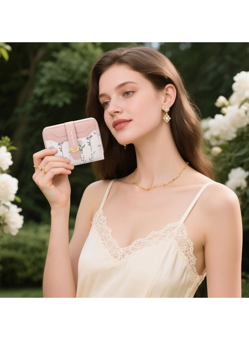 عام محفظة نسائية مدمجة - حقيبة نقود مطوية برقاق زهري رائعة مع سحاب، تحتوي على جيوب للبطاقات الائتمانية ونافذة للهوية. محفظة سفر مدمجة وخفيفة الوزن. الهدية المثالية لها. - Image 3