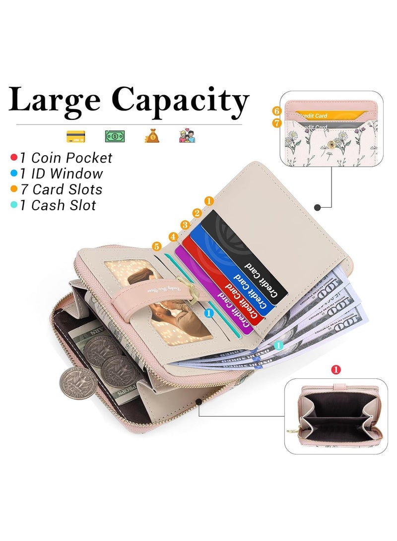 عام محفظة نسائية مدمجة - حقيبة نقود مطوية برقاق زهري رائعة مع سحاب، تحتوي على جيوب للبطاقات الائتمانية ونافذة للهوية. محفظة سفر مدمجة وخفيفة الوزن. الهدية المثالية لها. - Image 4