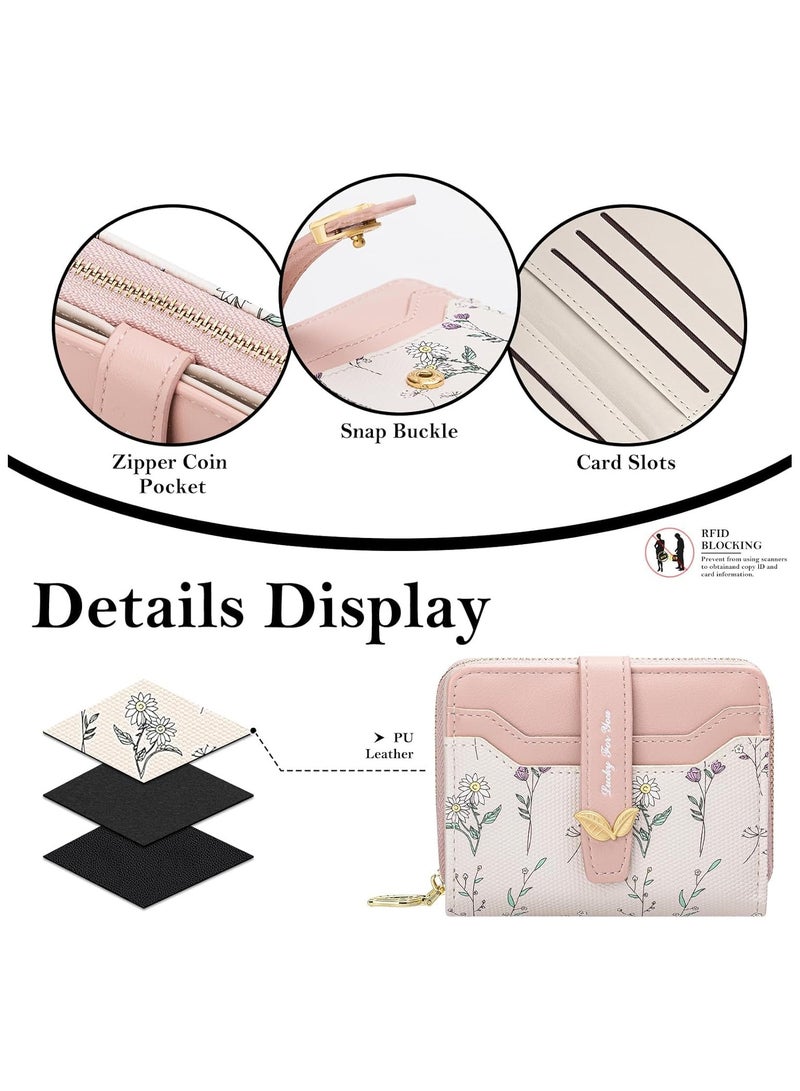 عام محفظة نسائية مدمجة - حقيبة نقود مطوية برقاق زهري رائعة مع سحاب، تحتوي على جيوب للبطاقات الائتمانية ونافذة للهوية. محفظة سفر مدمجة وخفيفة الوزن. الهدية المثالية لها. - Image 2