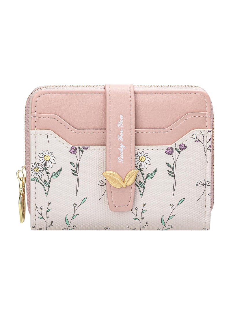 عام محفظة نسائية مدمجة - حقيبة نقود مطوية برقاق زهري رائعة مع سحاب، تحتوي على جيوب للبطاقات الائتمانية ونافذة للهوية. محفظة سفر مدمجة وخفيفة الوزن. الهدية المثالية لها. - Image 1