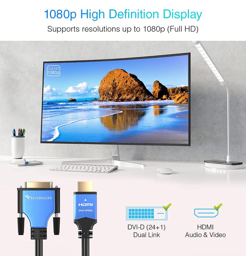 BlueRigger HDMI to DVI Cable (3FT, High-Speed, Bi-Directional Adapter Male to Male, DVI-D 24+1, 1080p, Aluminum Shell) - Compatible with Raspberry Pi, Roku, Xbox One, PS5/PS4, Graphics Card - Image 2