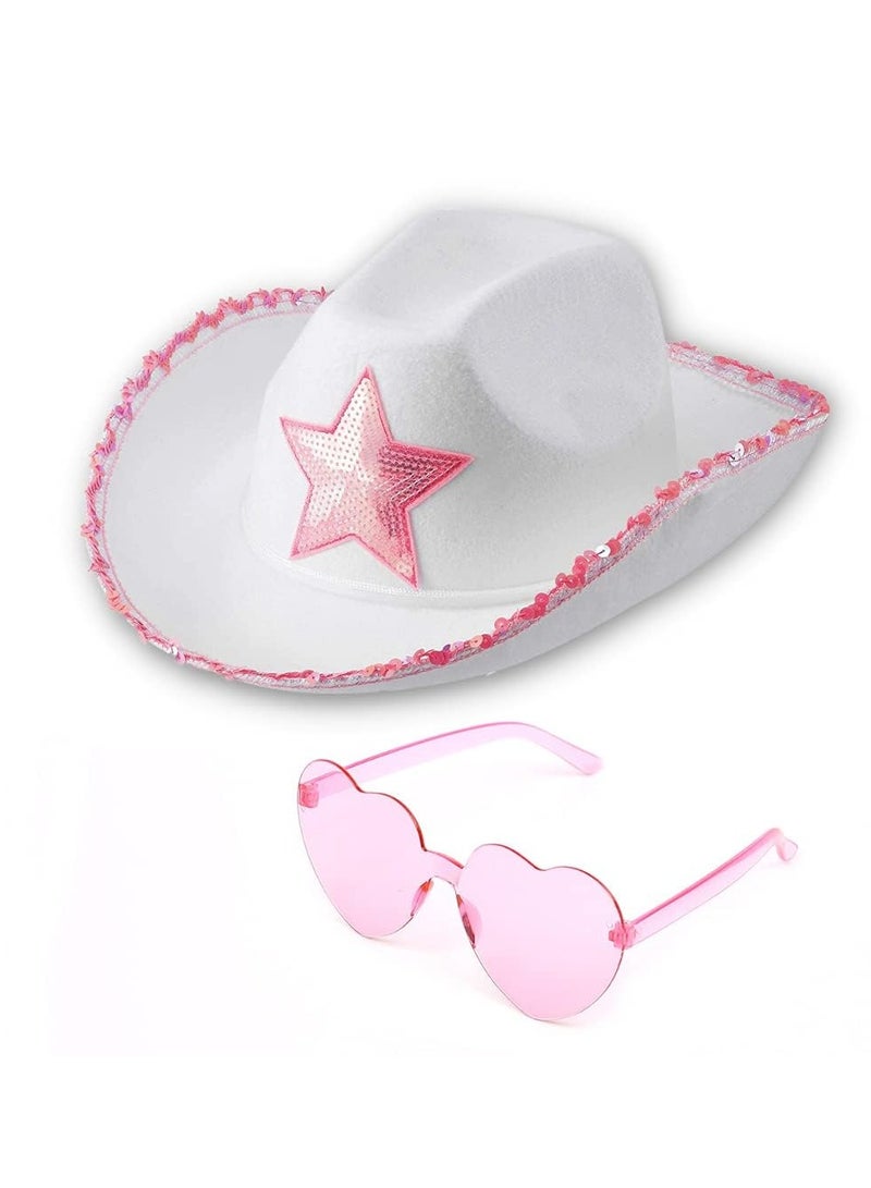 Zikra Cowboy Hat and Glasses Tiara Sparkly Wide Brim for Women Preppy with Cowgirl Costume Accessories Adjustable Drawstring Party - Image 1