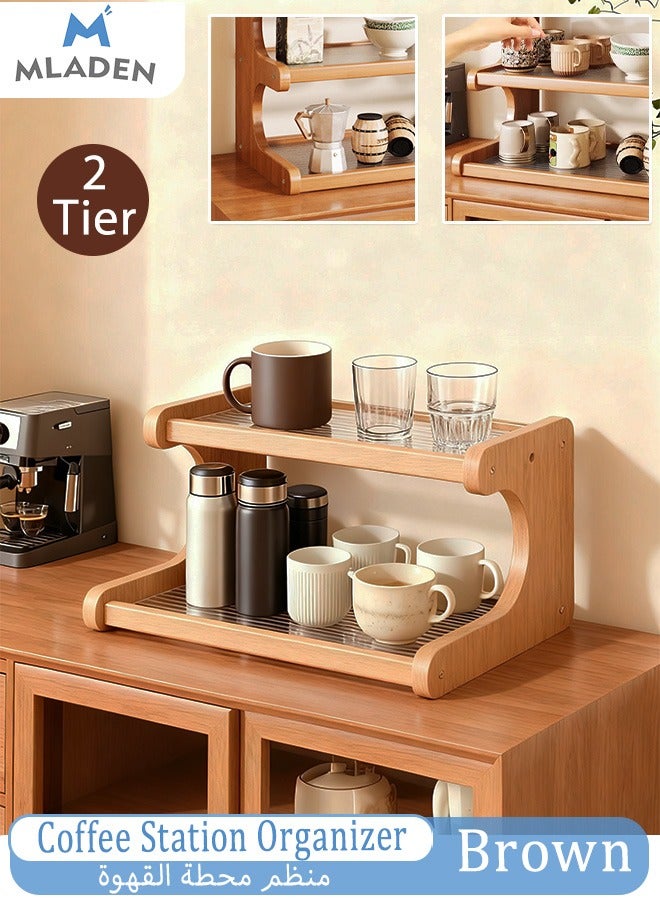MLADEN 2 Tier Coffee Station Organizer Cup Holder for Coffee, Wooden Mug Holder Countertop, Kitchen Counter Shelf for Tea Coffee Bar Accessories, Matcha Stand, Cup Display, Condiment Storage Rack,30x15x18cm - Image 1