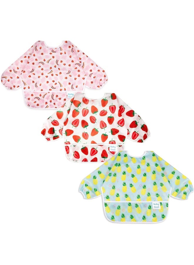 Baby Noah Baby Noah 3 Pcs Waterproof Bibs | Long Sleeves Weaning Smock Bib with Food Catcher Pocket for Toddler Eating | Led Weaning | Full Cover Wearable Sleeved Bibs Shirt Bib Set | 6-24 Months  - Image 1