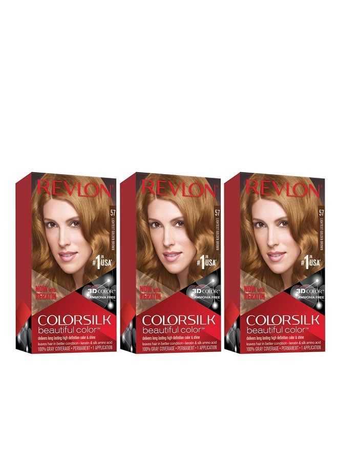 Revlon Permanent Hair Color by Revlon, Permanent Hair Dye, Colorsilk with 100% Gray Coverage, Ammonia-Free, Keratin and Amino Acids, 57 Lightest Golden Brown, 4.4 Oz (Pack of 3) - Image 1
