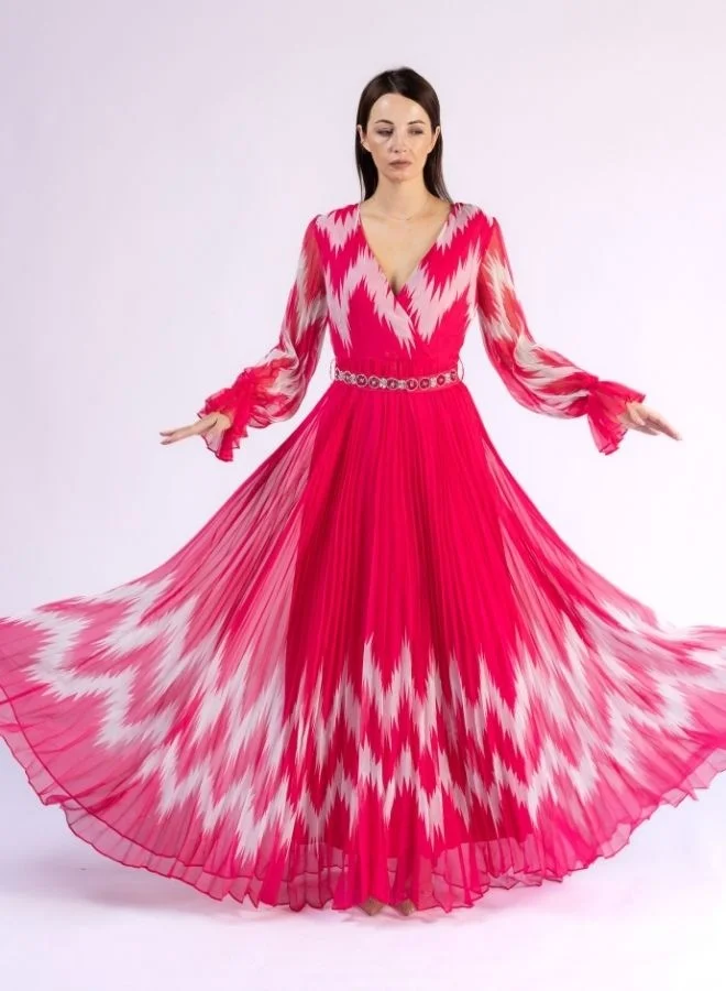 Fashonara Fuschia Pink and White Pleated Modest Dress with Crystal Belt Detail