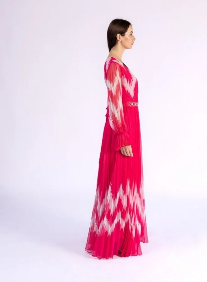 Fashonara Fuschia Pink and White Pleated Modest Dress with Crystal Belt Detail