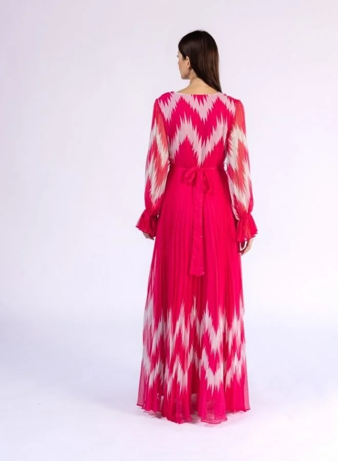 Fashonara Fuschia Pink and White Pleated Modest Dress with Crystal Belt Detail