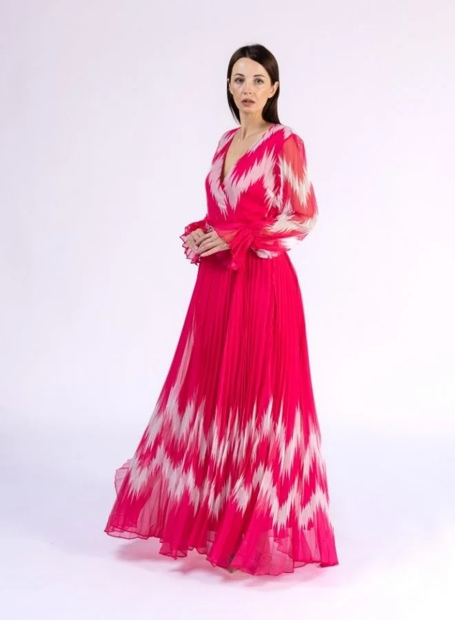 Fashonara Fuschia Pink and White Pleated Modest Dress with Crystal Belt Detail