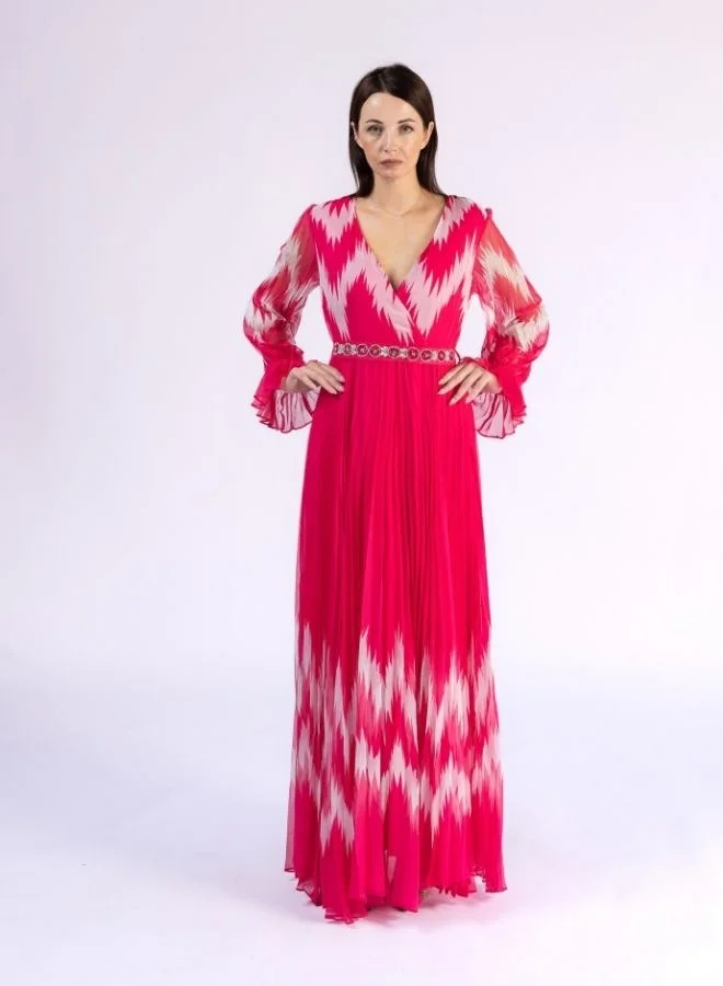 Fashonara Fuschia Pink and White Pleated Modest Dress with Crystal Belt Detail