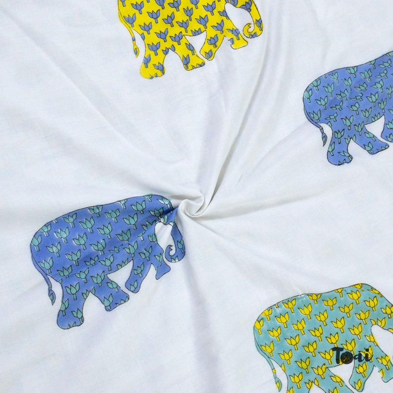 TOAIArt Jaipuri Dohar Quilt for Summer Hand Block Printed 3 Layers Reversible 100% Mulmul Cotton Flannel Filling Single Size 60” X 90” Elephant (White Blue Green Yellow) - Image 3