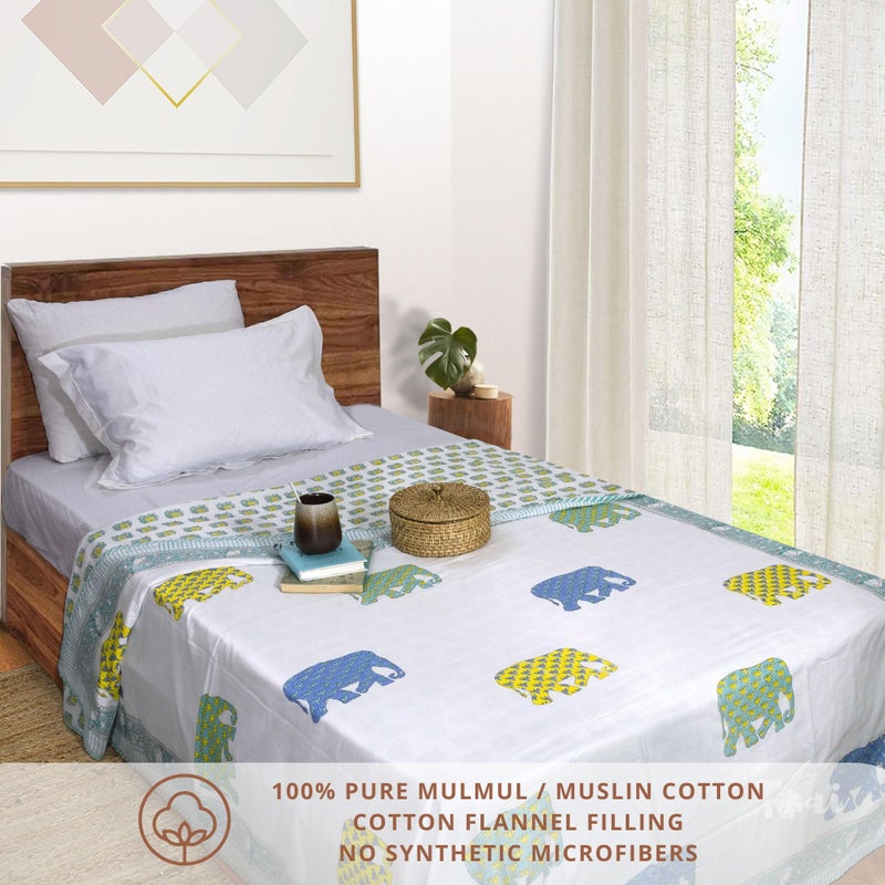 TOAIArt Jaipuri Dohar Quilt for Summer Hand Block Printed 3 Layers Reversible 100% Mulmul Cotton Flannel Filling Single Size 60” X 90” Elephant (White Blue Green Yellow) - Image 2