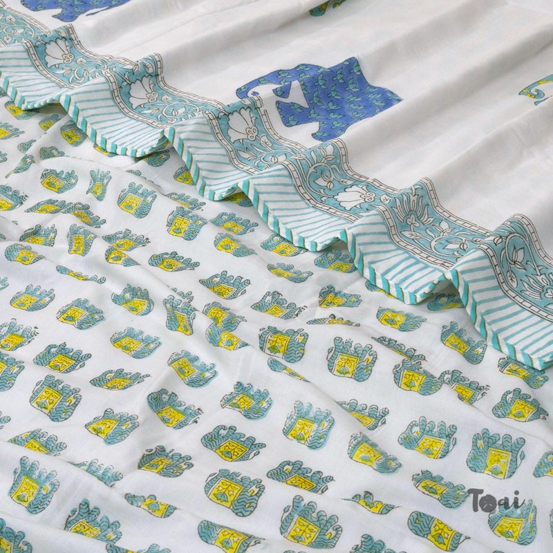 TOAIArt Jaipuri Dohar Quilt for Summer Hand Block Printed 3 Layers Reversible 100% Mulmul Cotton Flannel Filling Single Size 60” X 90” Elephant (White Blue Green Yellow) - Image 5