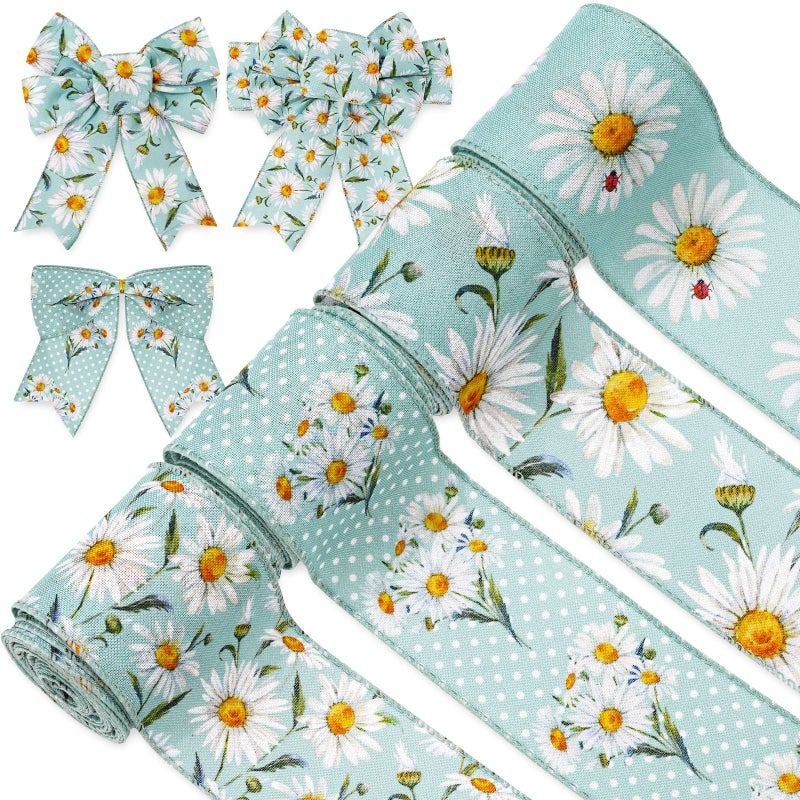 AnyDesign 4 Roll Spring Daisy Wired Edge Ribbon 25 Inch Summer Spring Floral Watercolor Blue DIY Decorative Wrapping Ribbon for Bows for Birthday Wedding Bridal Party Favors Home Decor24 Yards