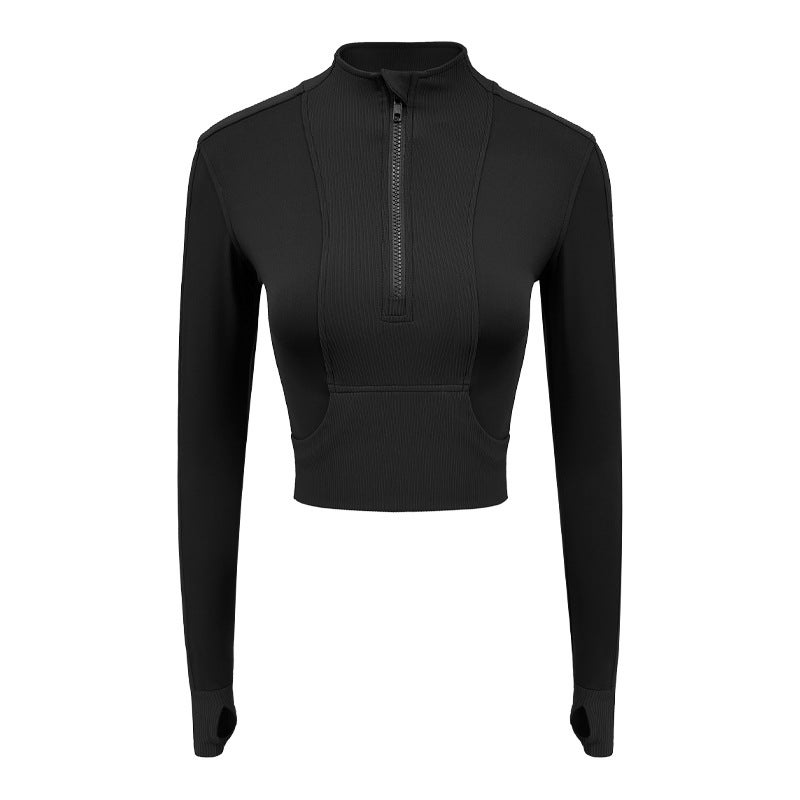 كوينج Womens Slim Fit Yoga Jacket Half-Zip Running Top Black coat