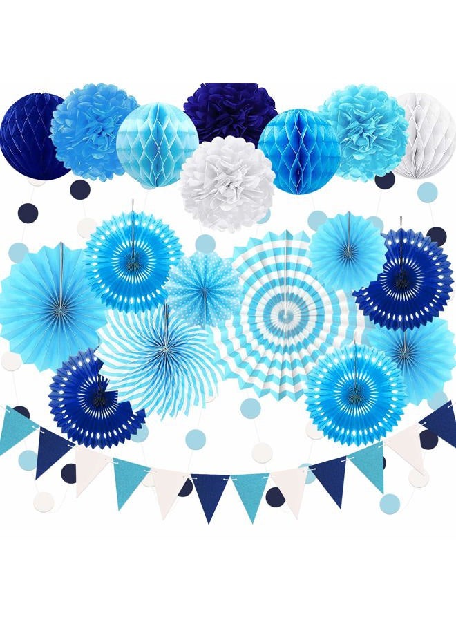 Marwey Navy Blue Party Decoration,23Pcs Hanging Paper Fans,Pom Poms Flowers,Garland String Polka Dot and Triangle Bunting Flag Packs for Boy Birthday, Bridal Shower,Baby Boy Showers,Wedding - Image 1